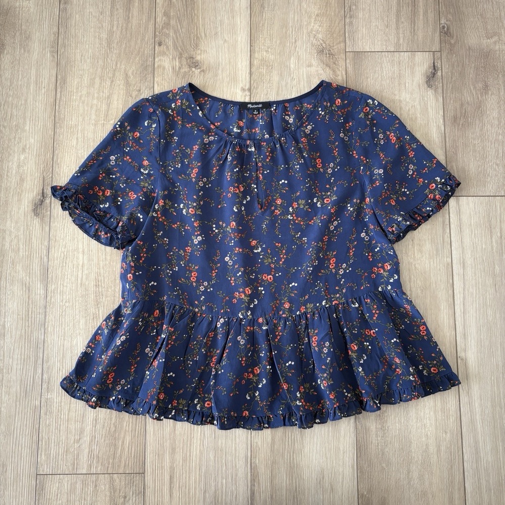 Madewell Navy Floral Peplum Silk Stanza Ruffle Sleeves Blouse W/Keyhole Neck Med